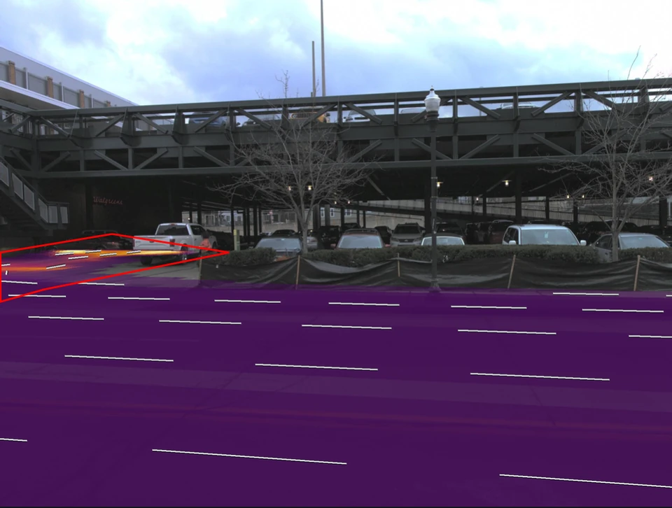 Parking entrance: predicted variance projected onto the camera image.